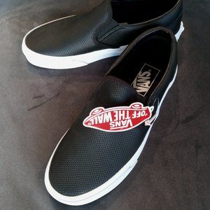 Black Leather Perforated Slip On Vans
